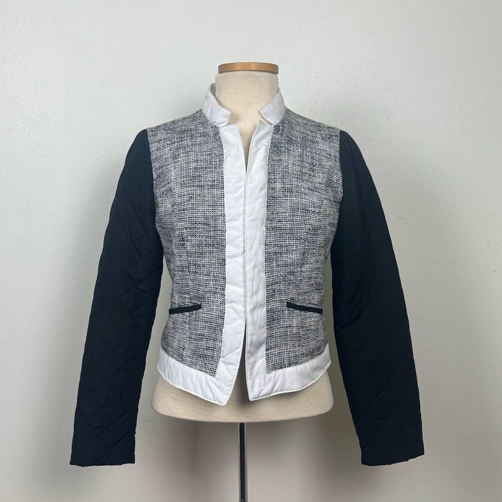 Chico’s Womens Sz 0 Linen Tweed Quilted Sleeve Bomber Jacket Blazer Moto Vacay
